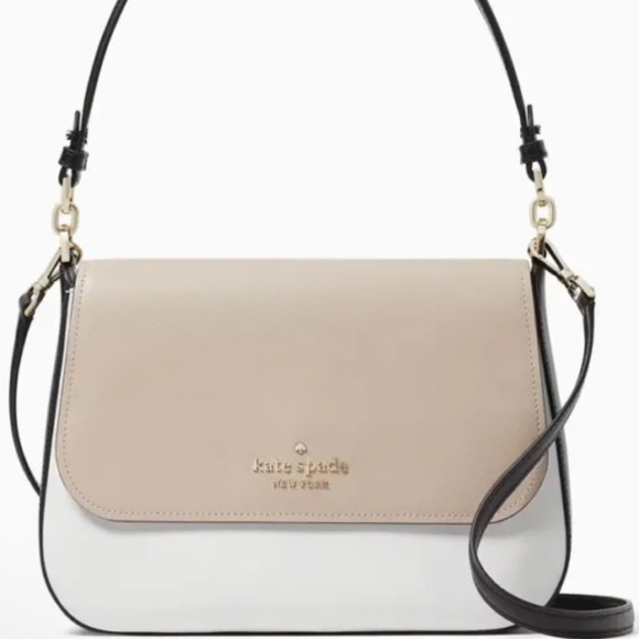Kate Spade Staci Colorblock Saffiano Leather Flap Shoulder Bag Warm Beige Multi - Picture 4 of 6